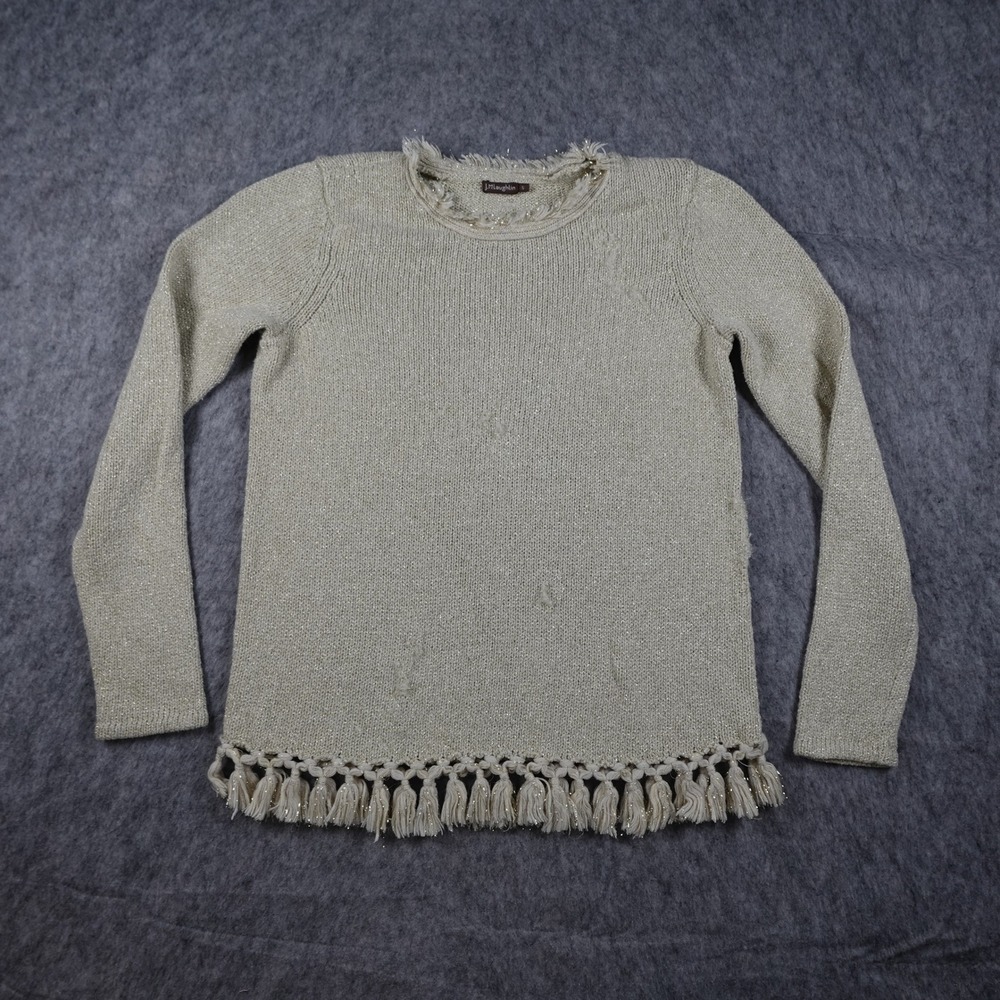 J McLaughlin Sweater Womens Small Gold Metallic Knit Tassel Fringe Hem Long Slv